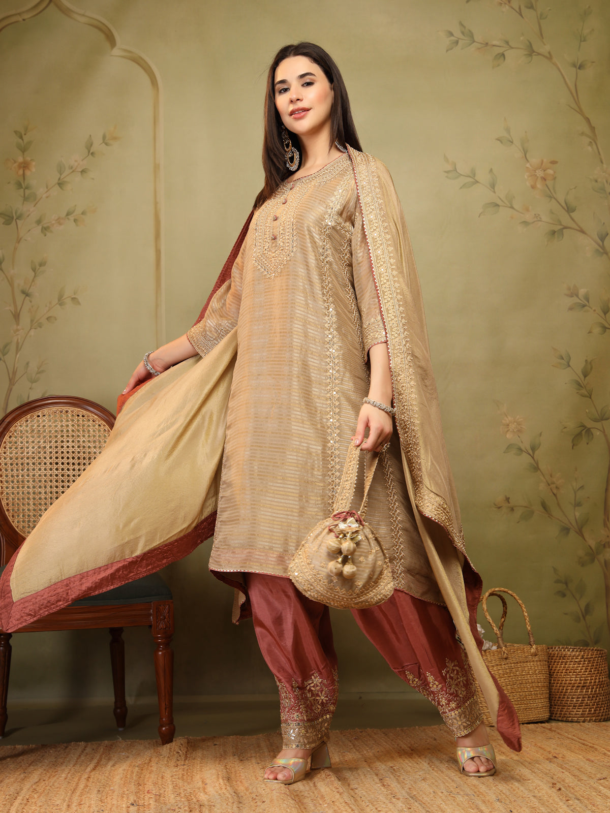 Golden Beige Embroidered Suit Set for Women with Dupatta