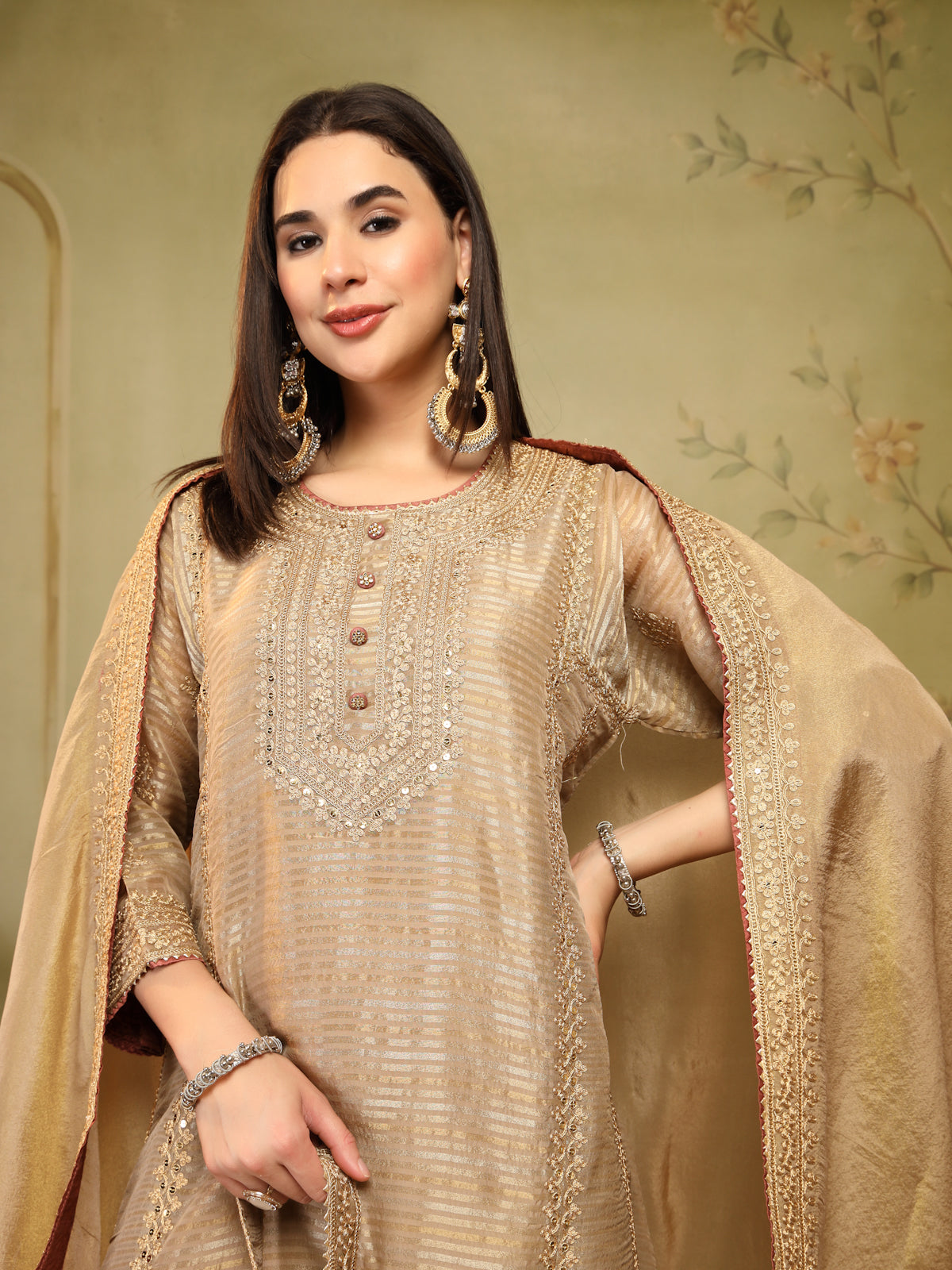 Golden Beige Embroidered Suit Set for Women with Dupatta