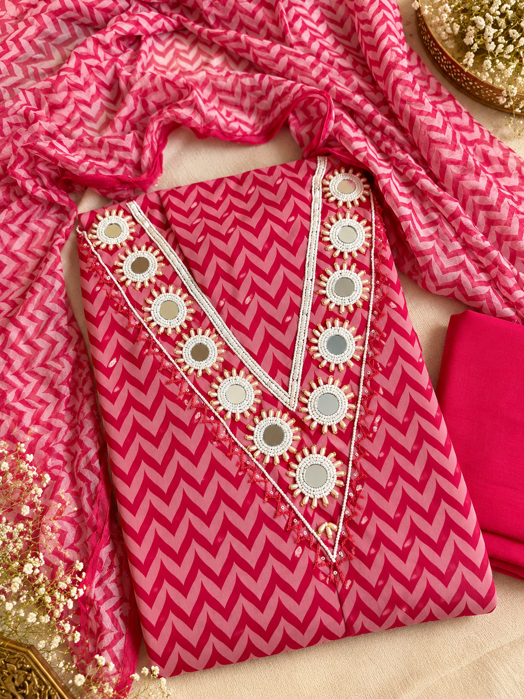 Rani Pink Chevron Mirror Work Suit Set