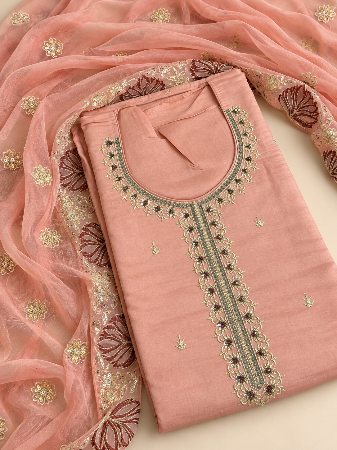 Peach Floral Embroidered Unstitched Suit Set