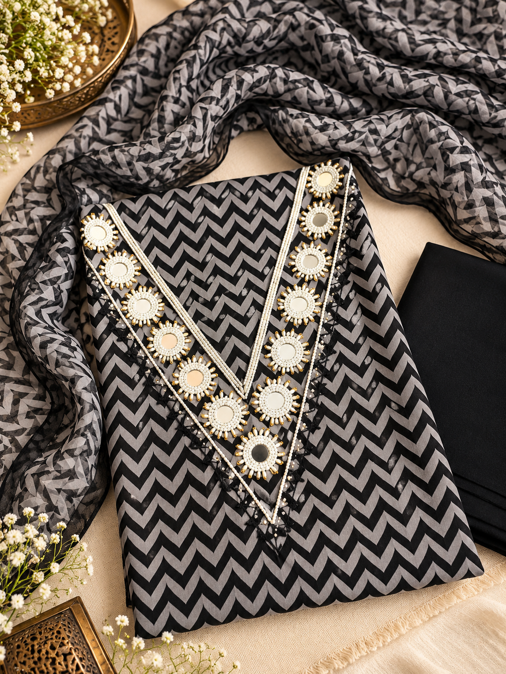 Black & Grey Chevron Mirror Work Suit Set