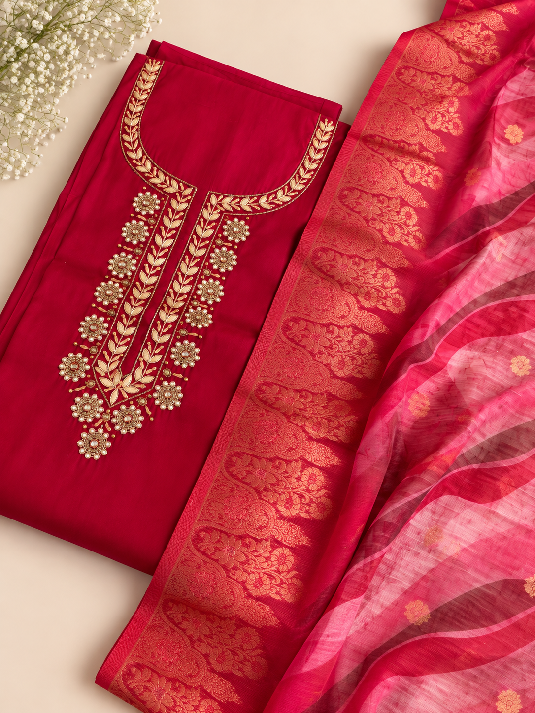 Ruby Red Embroidered Unstitched Suit Set