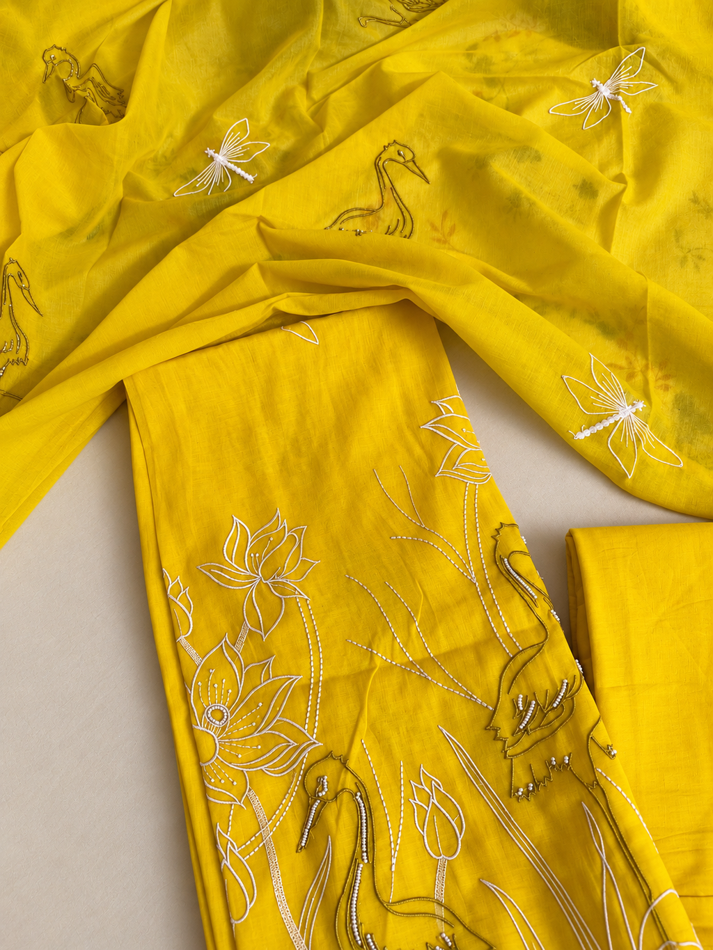 Yellow Mul Cotton Floral Embroidered Suit Set