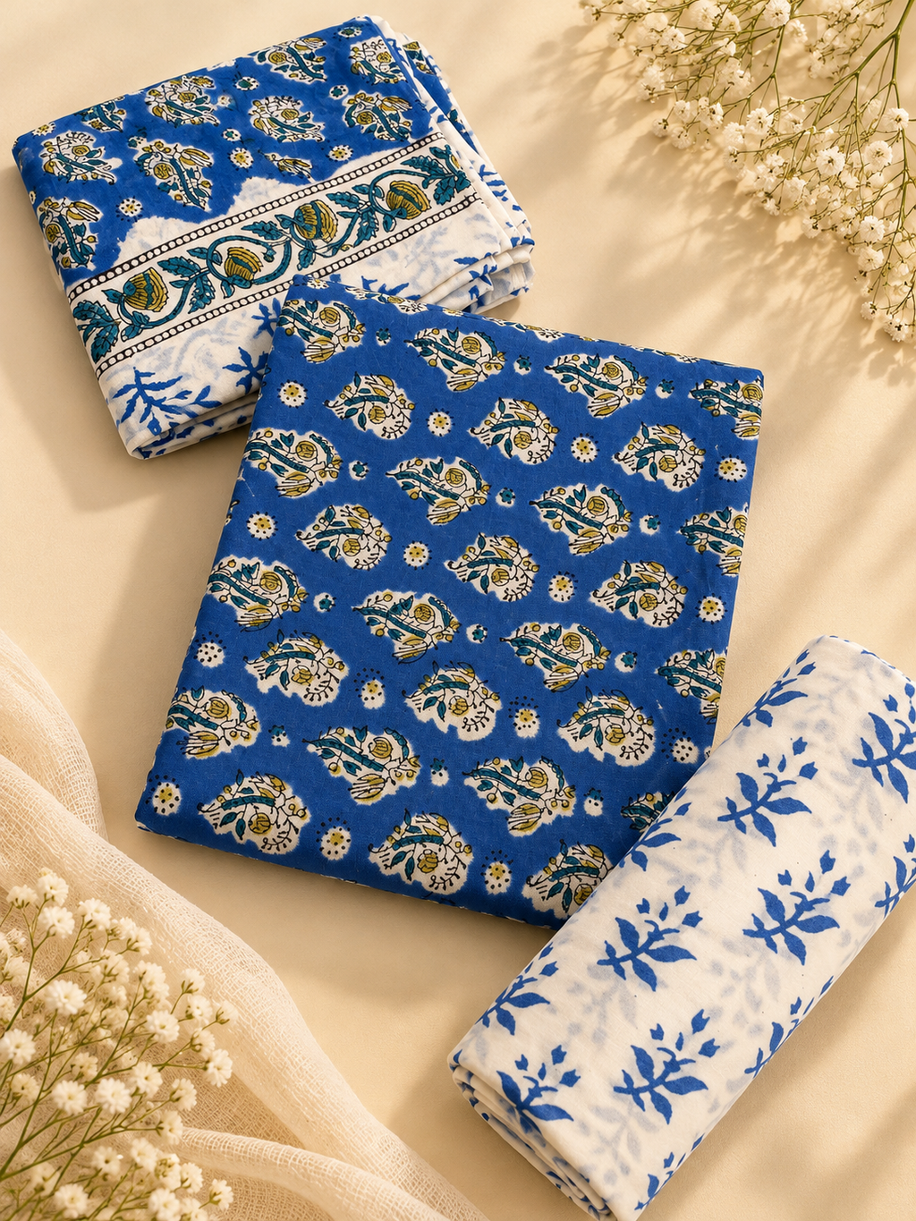 Royal Blue Hand Block Print Cotton Unstitched Suit Set – 3 Piece
