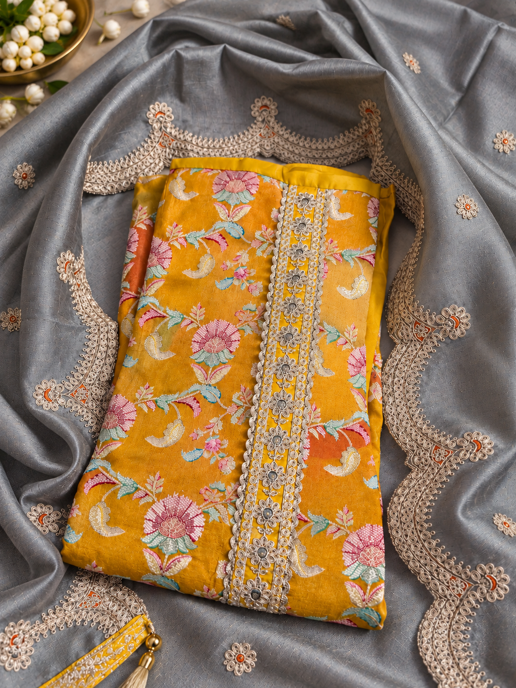 Mustard Floral Embroidered Unstitched Suit with Grey Dupatta