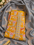 Mustard Floral Embroidered Unstitched Suit with Grey Dupatta