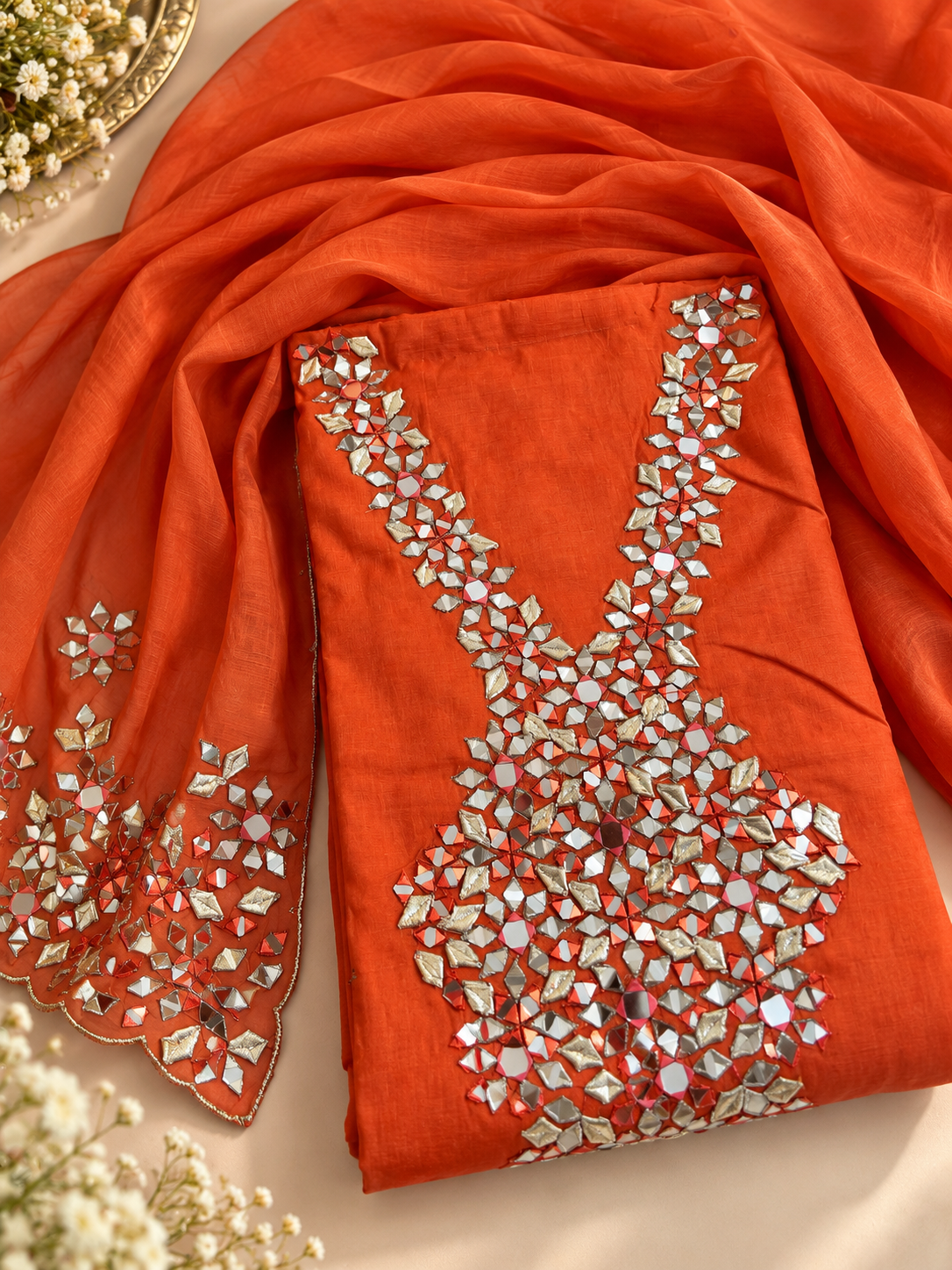 Orange Mul Cotton Gotta Work Unstitched Suit Set