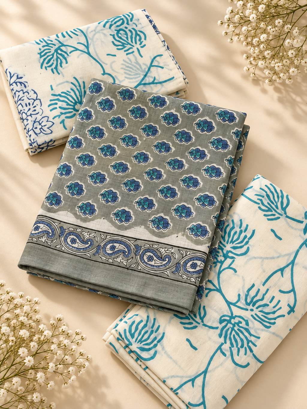 Grey Hand Block Print Cotton Unstitched Suit Set – 3 Piece