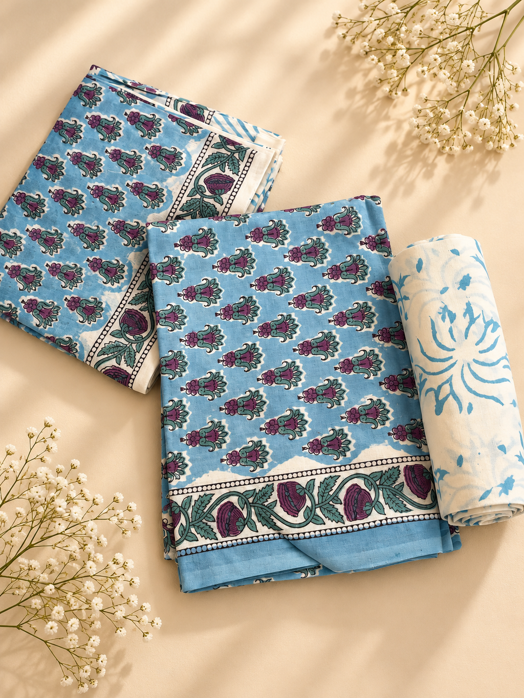 Blue Hand Block Print Cotton Unstitched Suit Set – 3 Piece