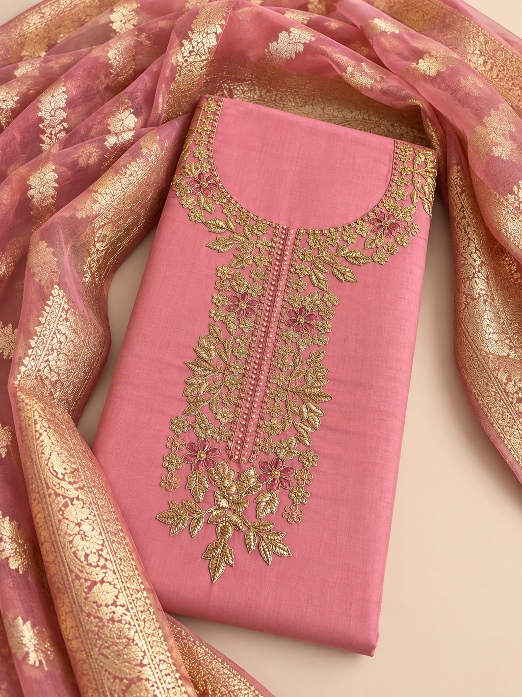 Rose Pink Floral Embroidered Unstitched Suit Set