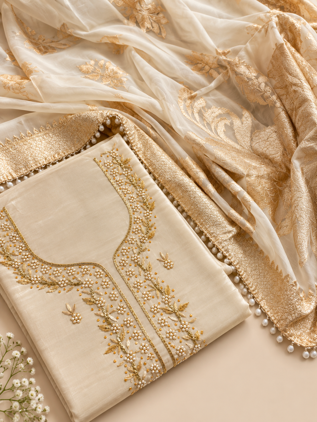 Ivory Pearl & Gold Embroidered Unstitched Suit Set