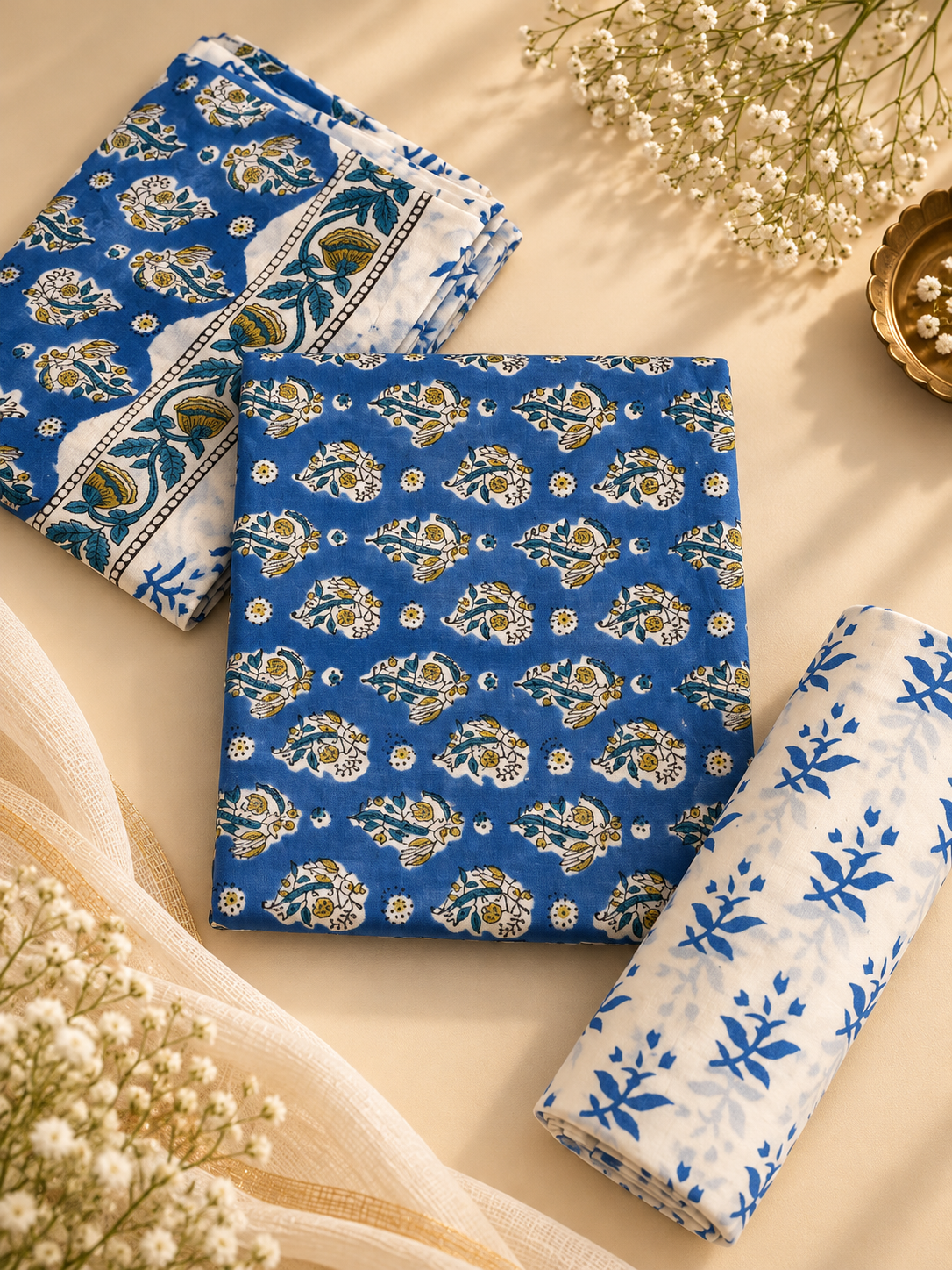 Royal Blue Hand Block Print Cotton Unstitched Suit Set – 3 Piece