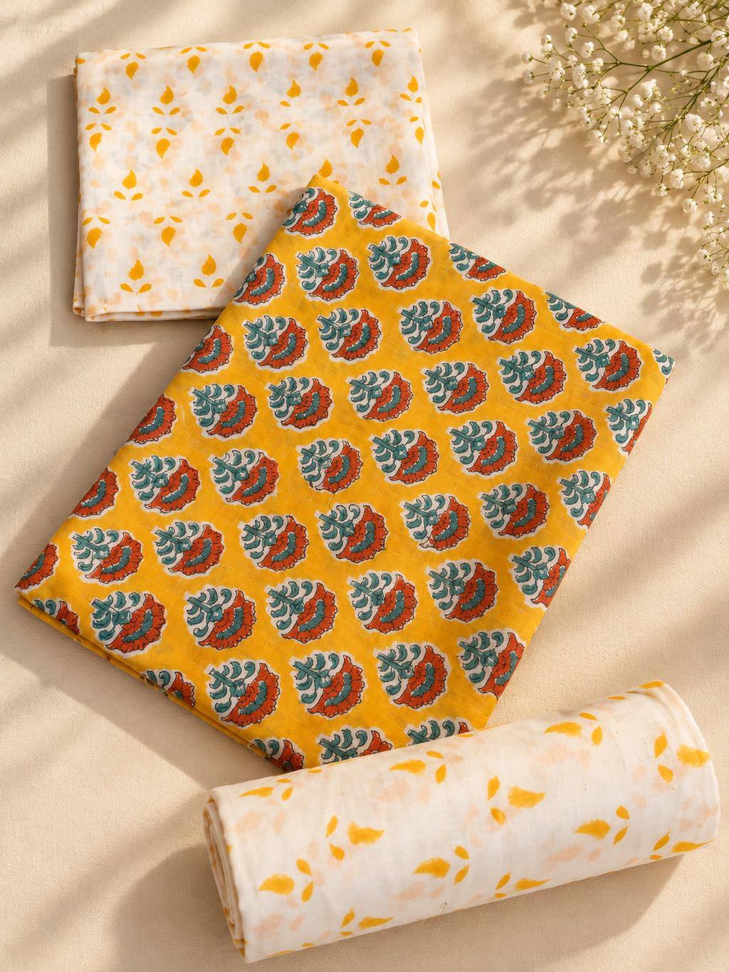 Mustard Yellow Hand Block Print Cotton Unstitched Suit Set – 3 Piece