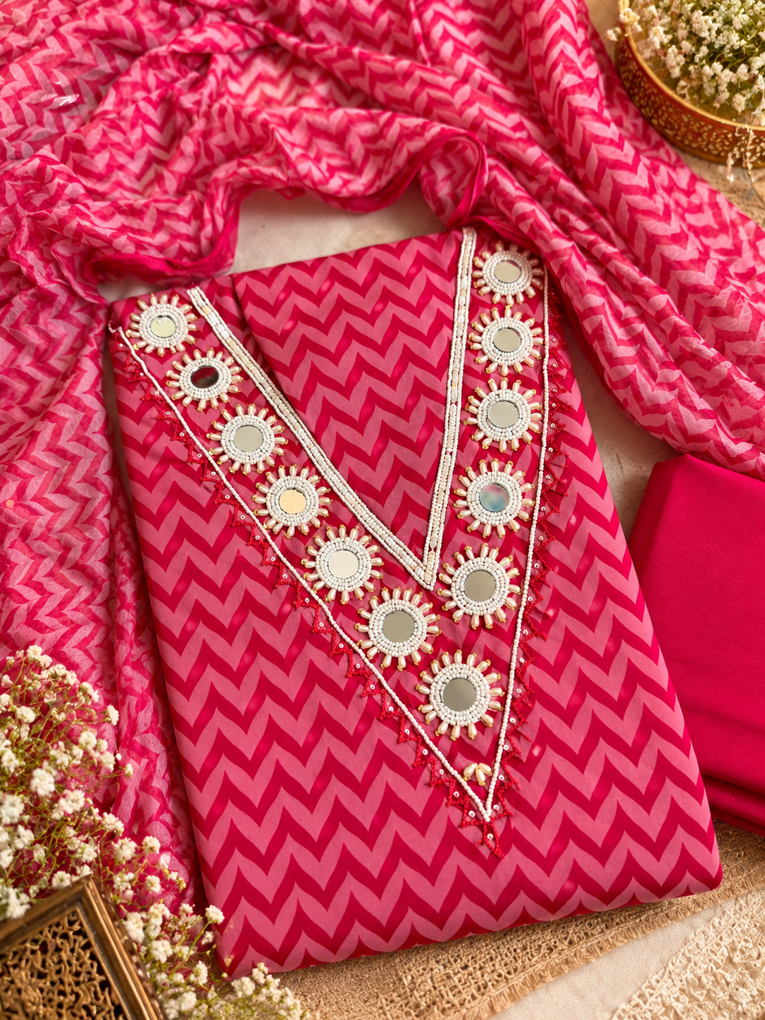 Rani Pink Chevron Mirror Work Suit Set