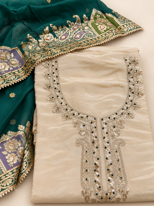 Cream & Green Embroidered Festive Unstitched Suit Set