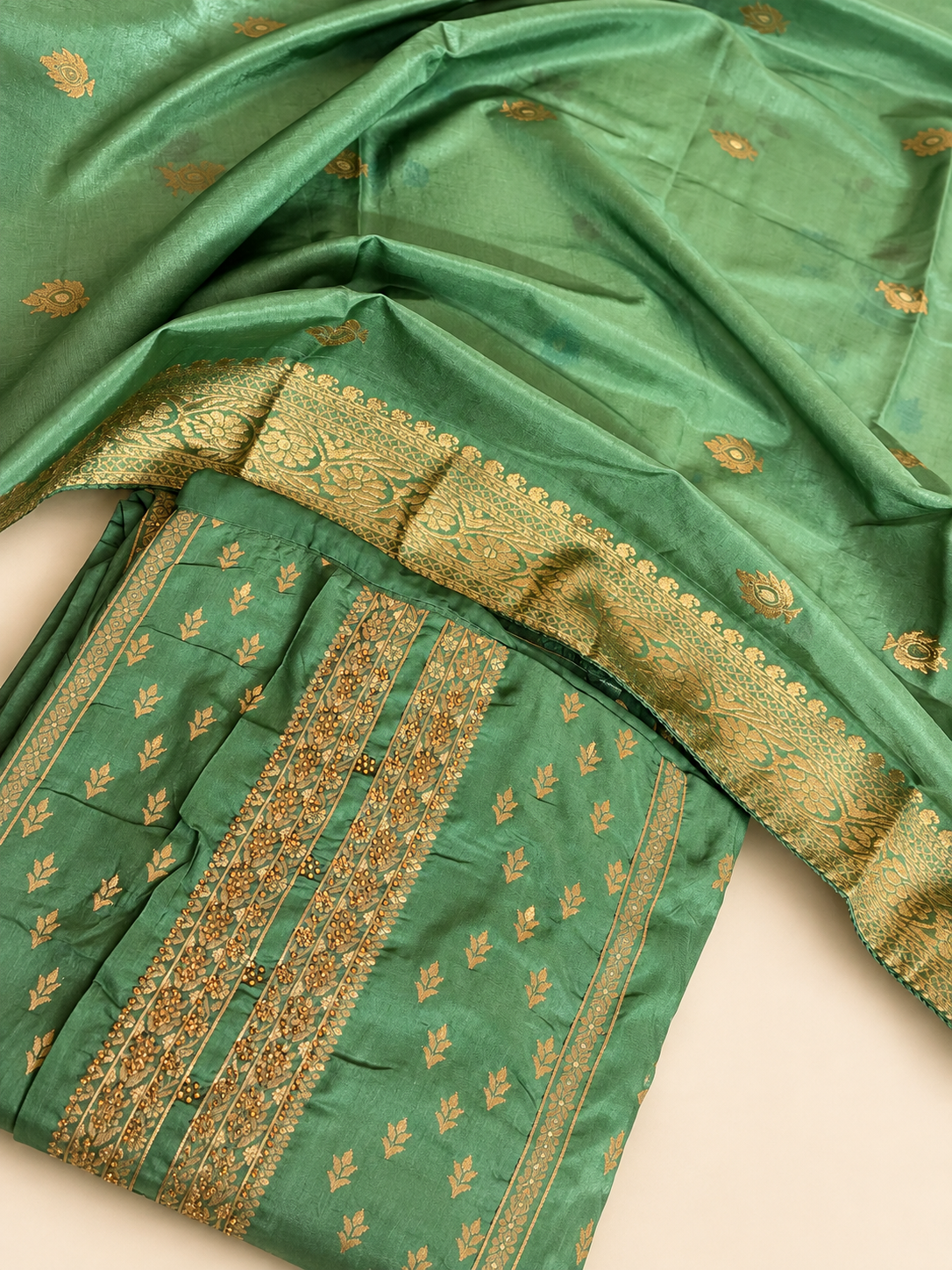 Bottle Green Jacquard Unstitched Suit Set with Gold Woven Detailing & Dupatta