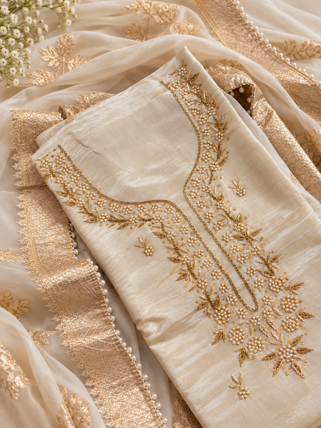 Ivory Pearl & Gold Embroidered Unstitched Suit Set