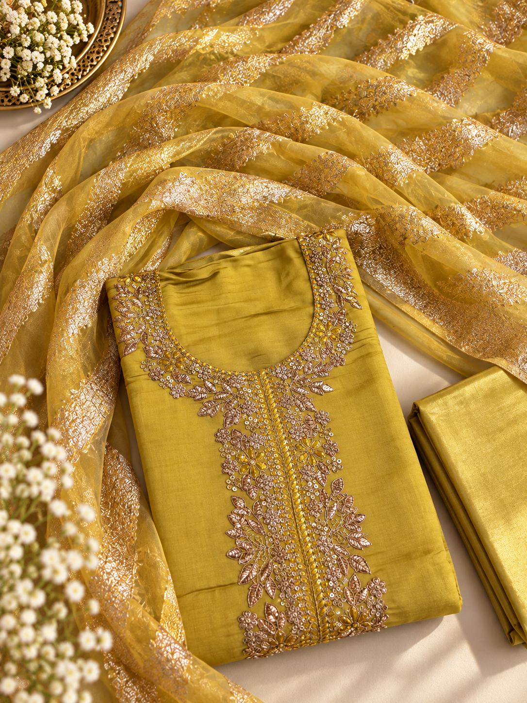 Yellow Embroidered Unstitched Suit Set
