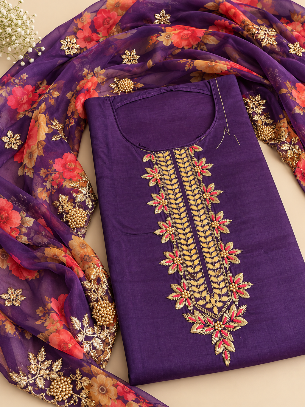 Royal Purple Floral Embroidered Unstitched Suit Set