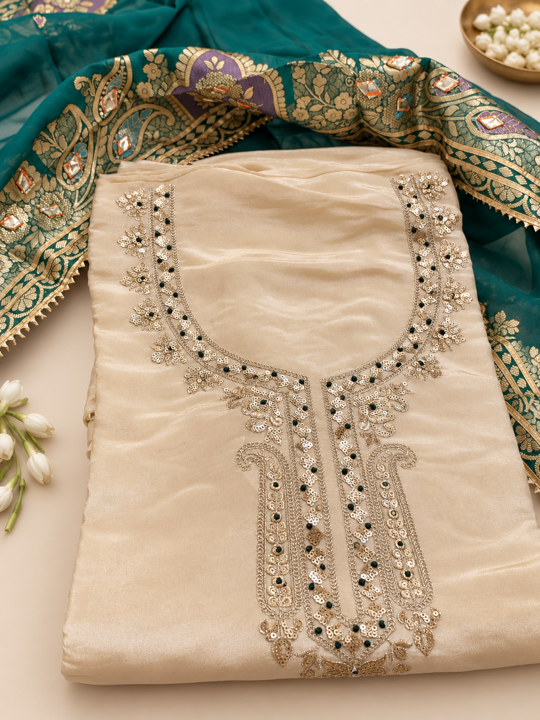 Cream & Green Embroidered Festive Unstitched Suit Set