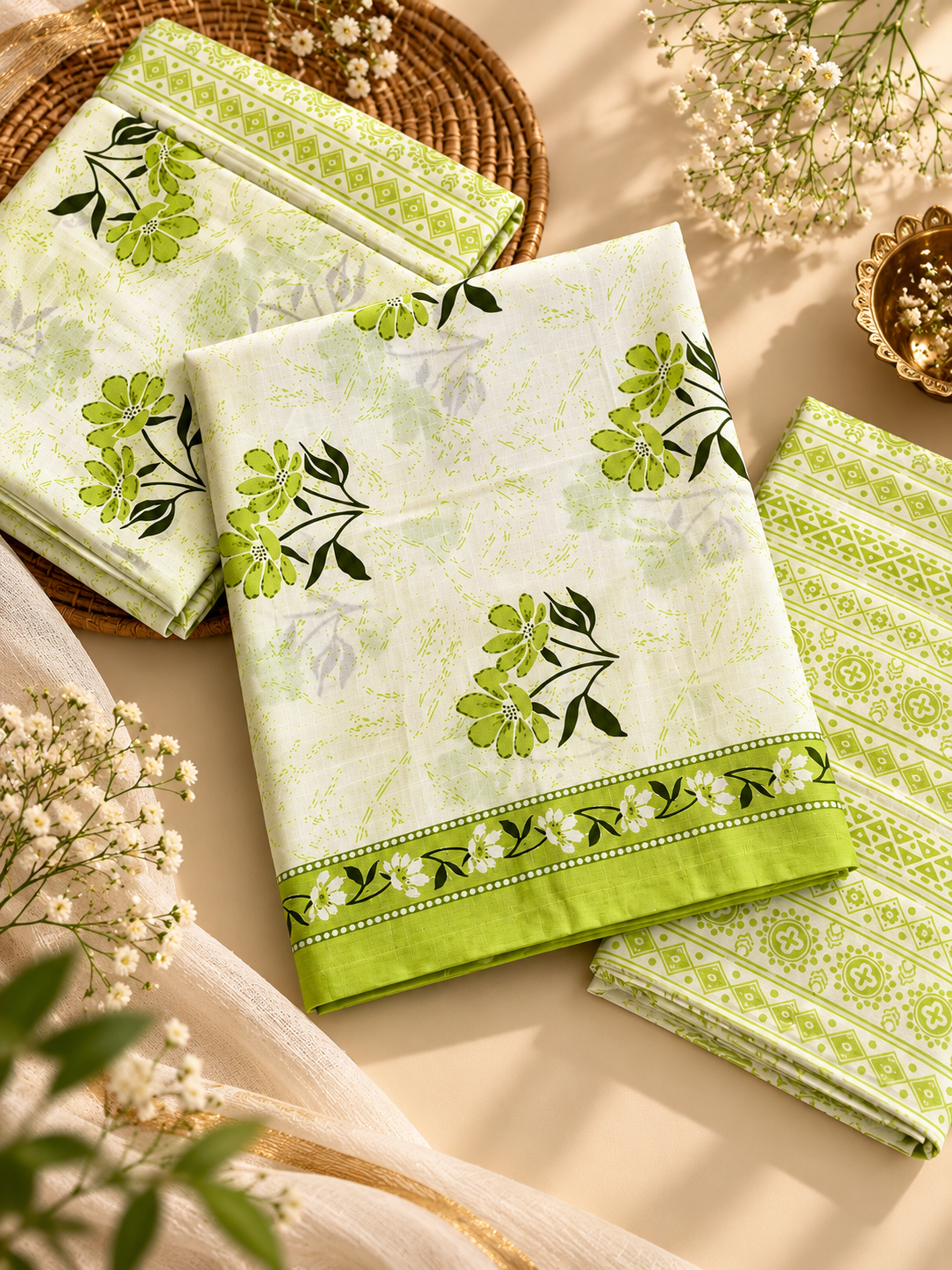 Lime Green Floral Hand Block Print Cotton Unstitched Suit Set – 3 Piece
