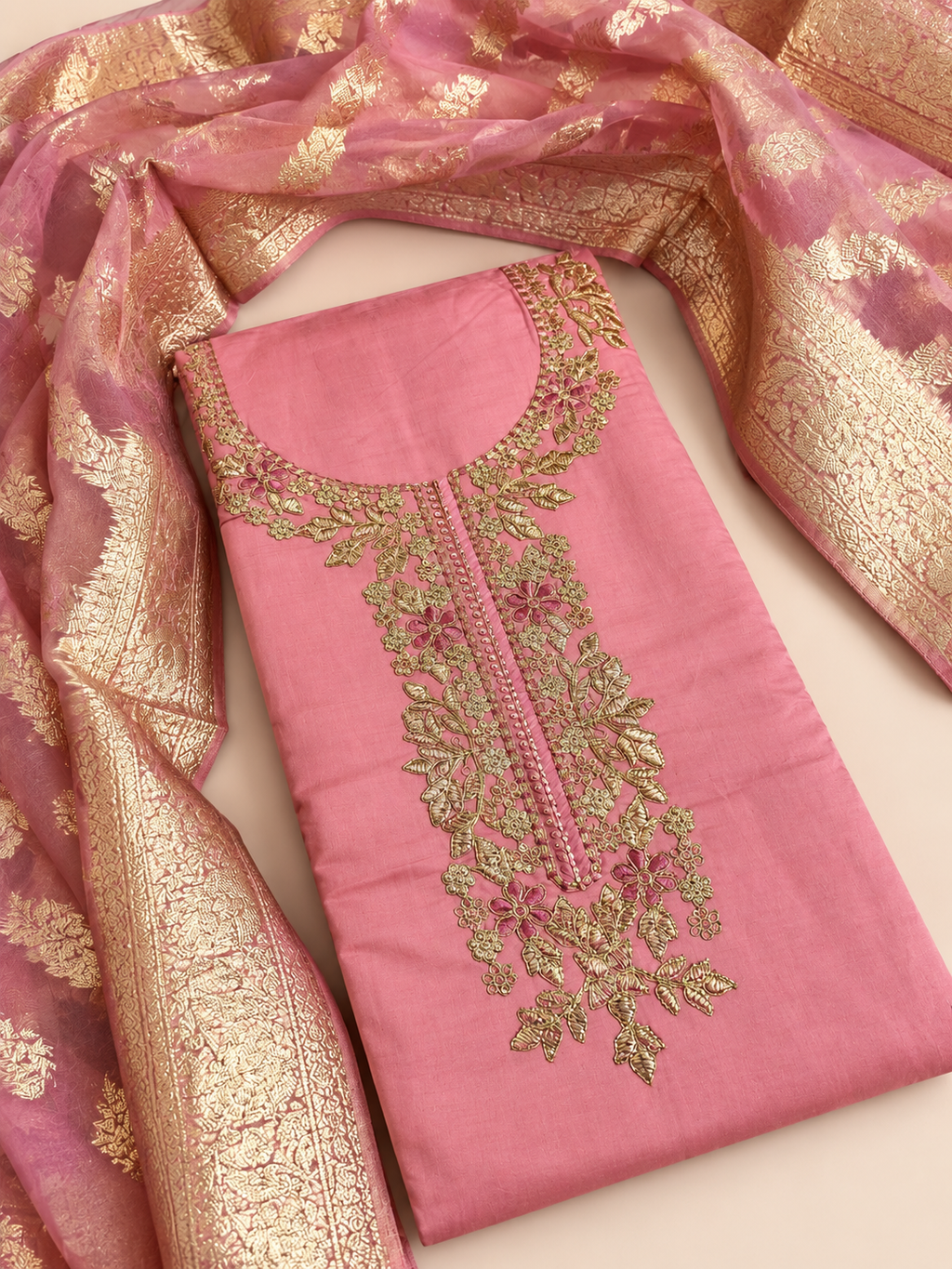 Rose Pink Floral Embroidered Unstitched Suit Set