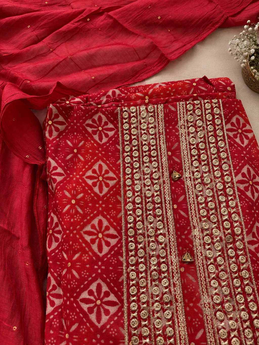 Red Printed Embroidered Unstitched Suit Set