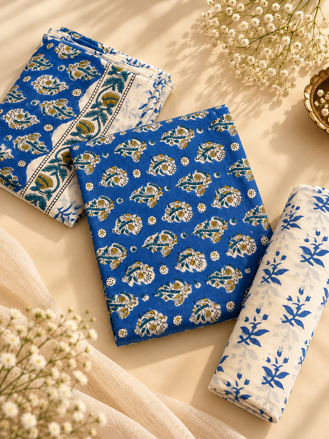 Royal Blue Hand Block Print Cotton Unstitched Suit Set – 3 Piece