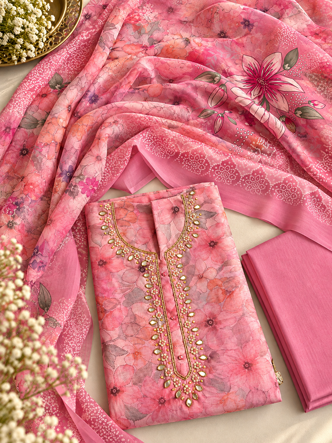 Pink Floral Printed Embellished Unstitched Suit Set