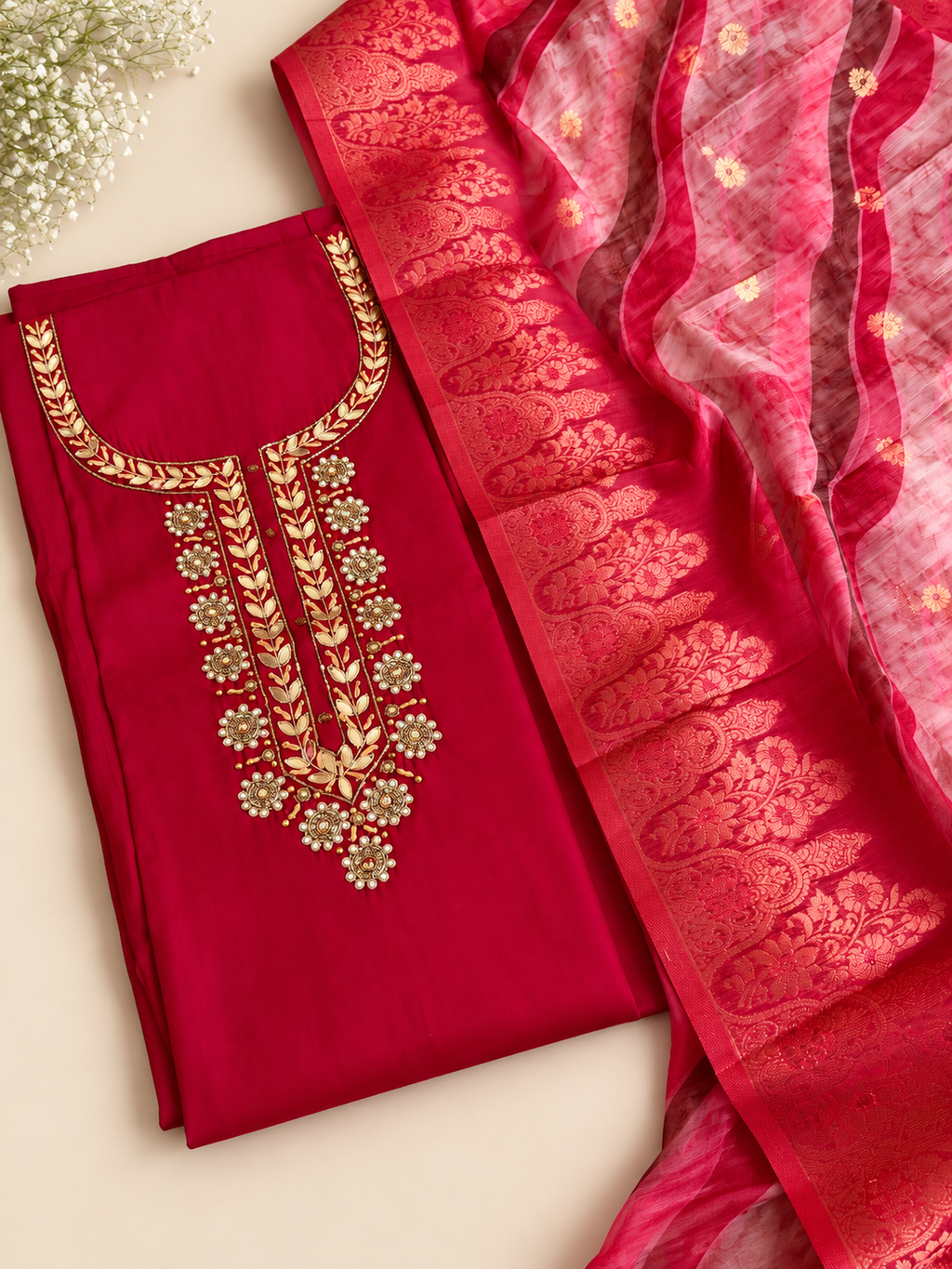 Ruby Red Embroidered Unstitched Suit Set