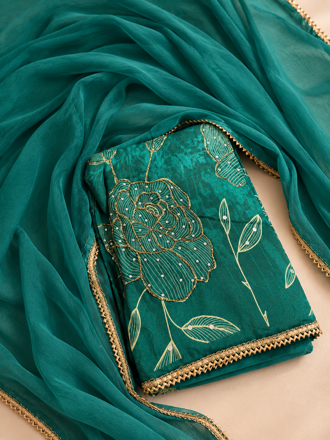 Teal Floral Embroidered Suit Set