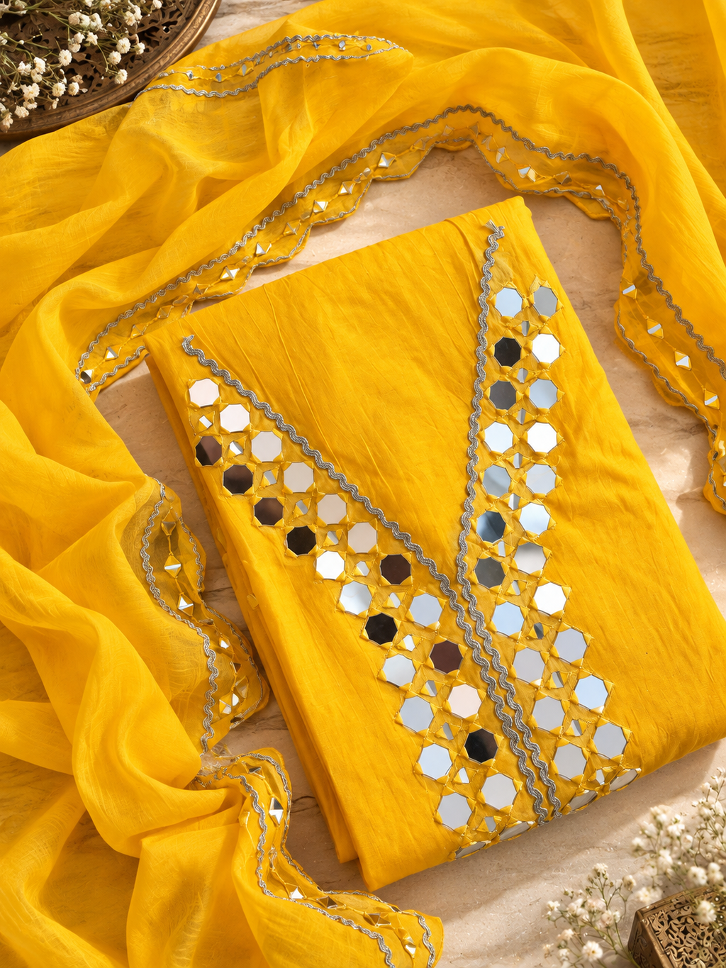 Yellow Mul Cotton Mirror Work Unstitched Suit Set with Dupatta