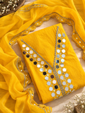 Yellow Mul Cotton Mirror Work Unstitched Suit Set with Dupatta