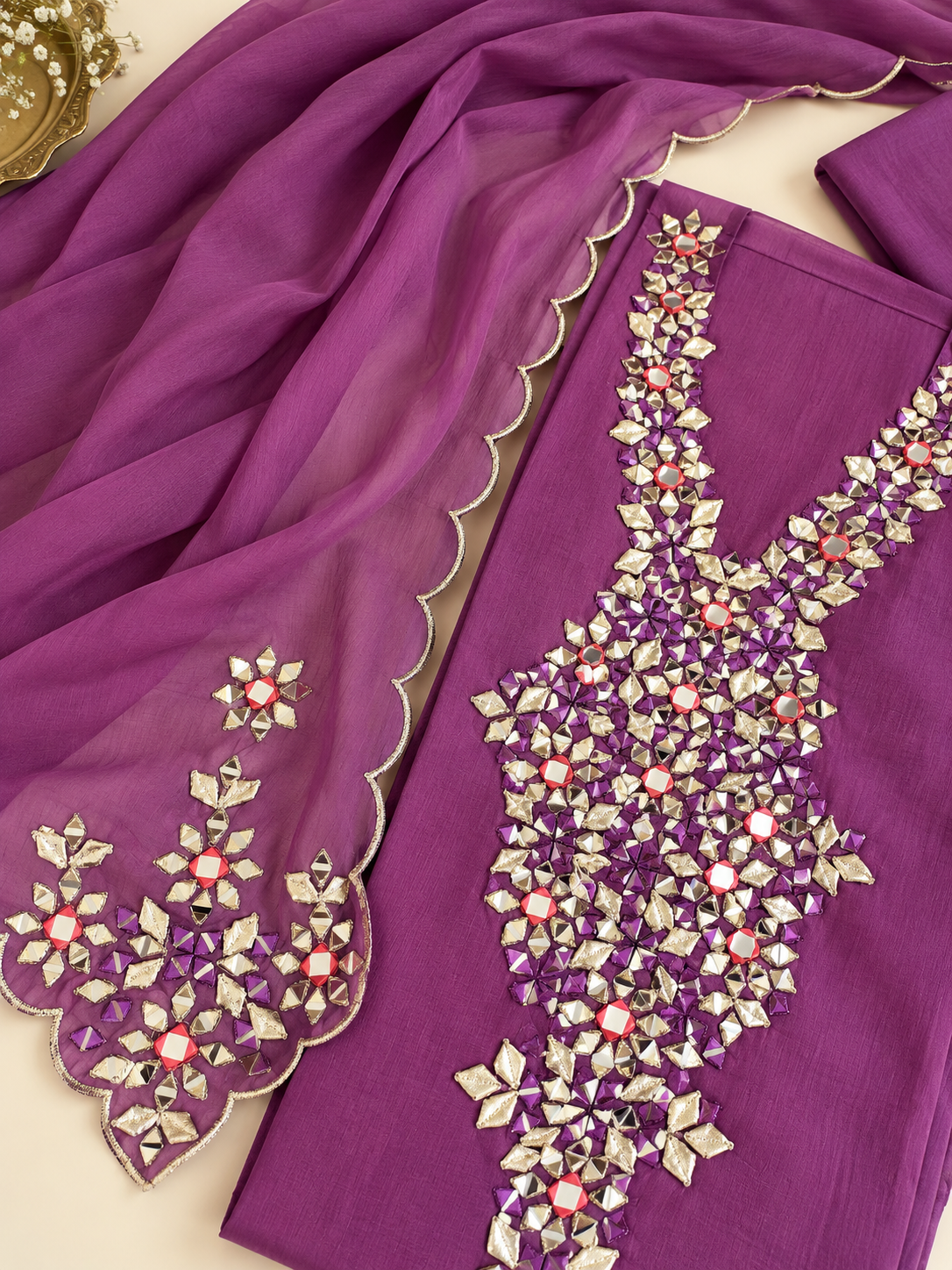 Purple Mul Cotton Gota Work Suit Set