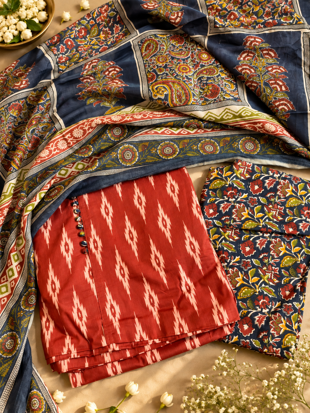 Rust Ikat Print Unstitched Suit Set