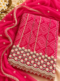 Pink Unstitched Suit Set with Pearl Embellishments & Golden Border Dupatta