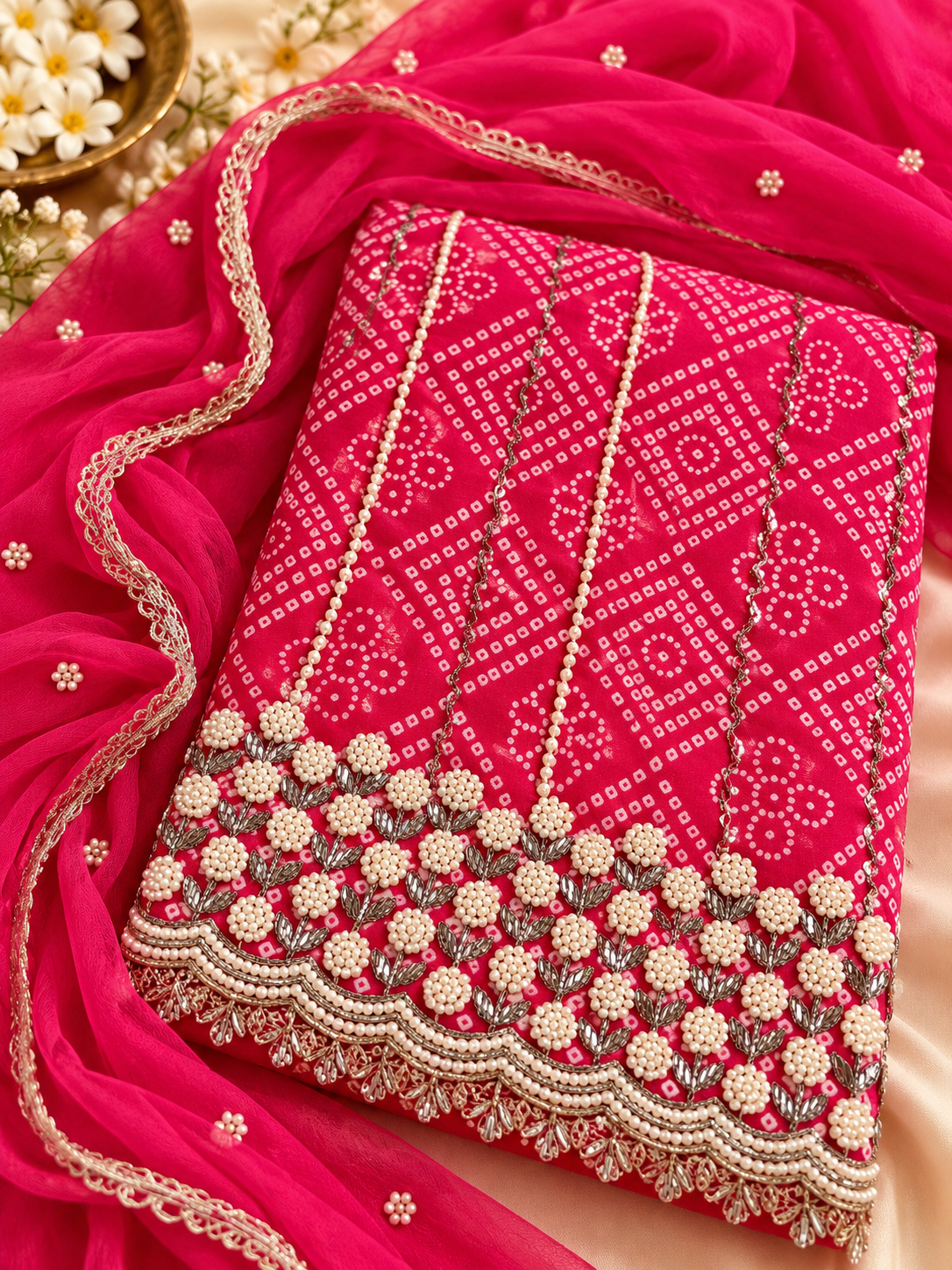 Pink Unstitched Suit Set with Pearl Embellishments & Golden Border Dupatta