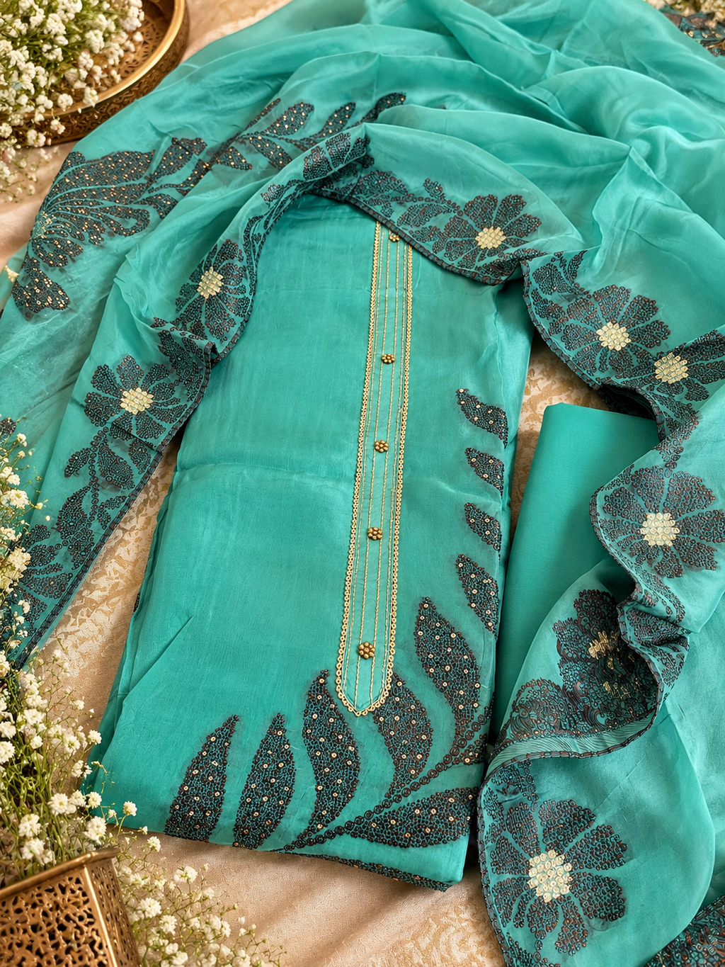 Turquoise Organza Suit Set with Sequin Floral Embroidery