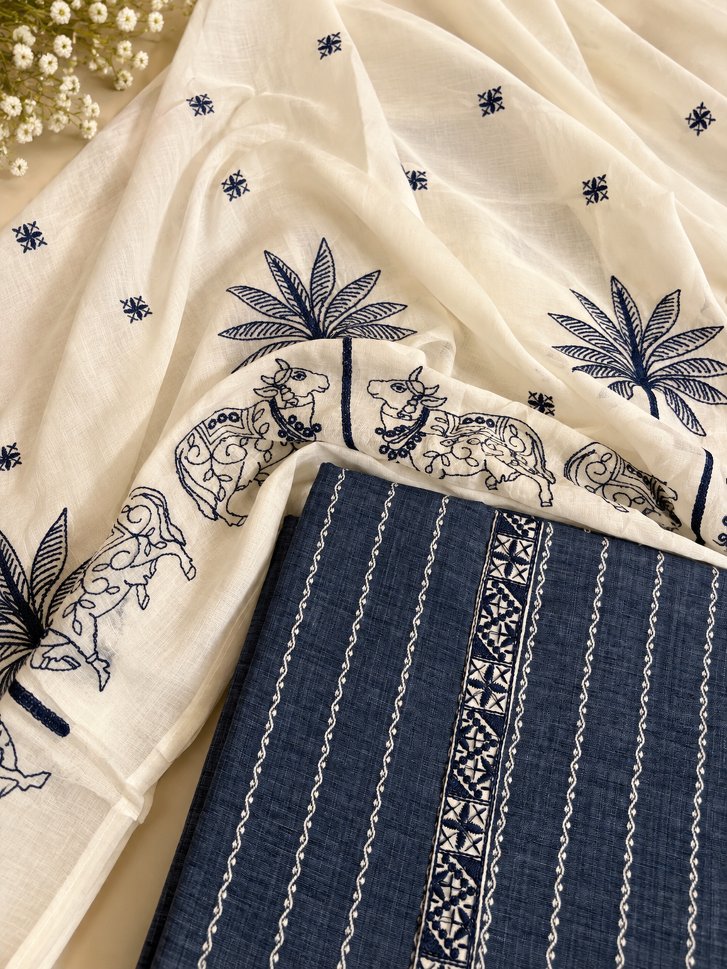 Ivory & Navy Blue Printed Unstitched Suit Set
