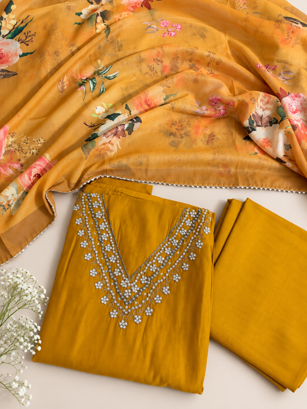 Mustard Yellow Unstitched Suit Set with Pearl Floral Embellished Neckline & Printed Dupatta