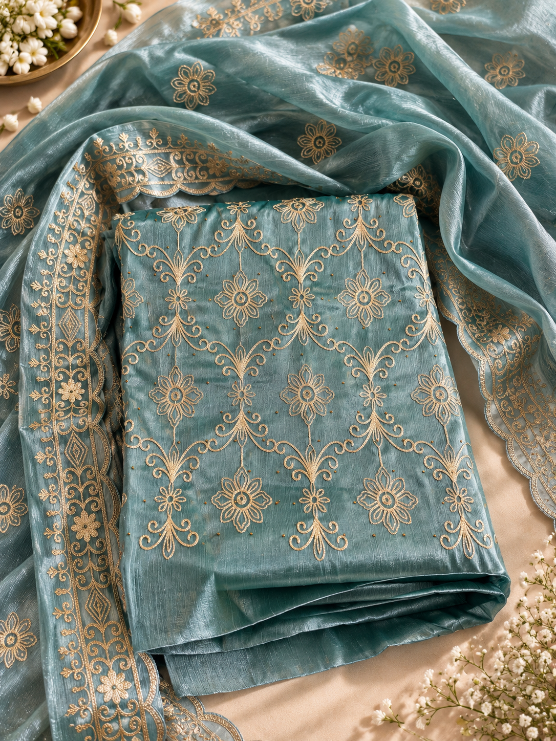 Teal Blue Floral Embroidered Suit Set