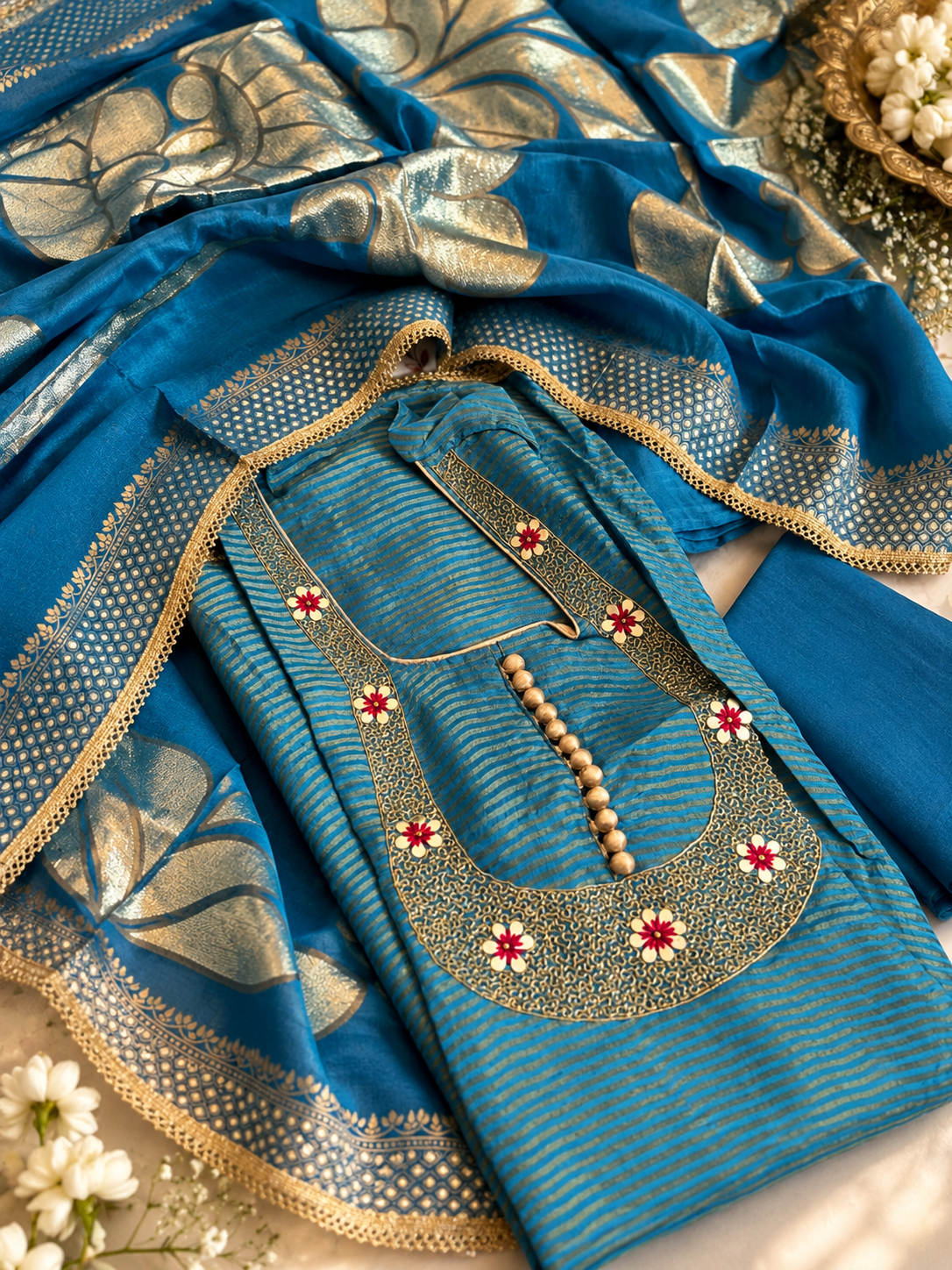 Blue Striped Embellished Suit Set