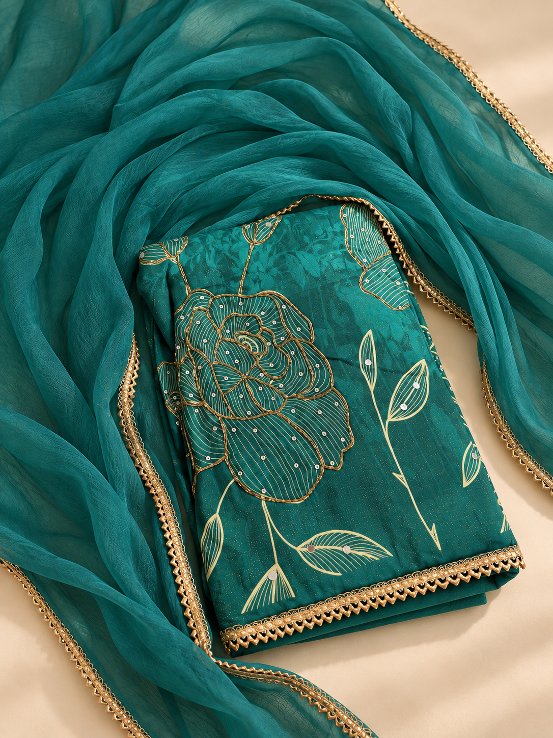 Teal Floral Embroidered Suit Set