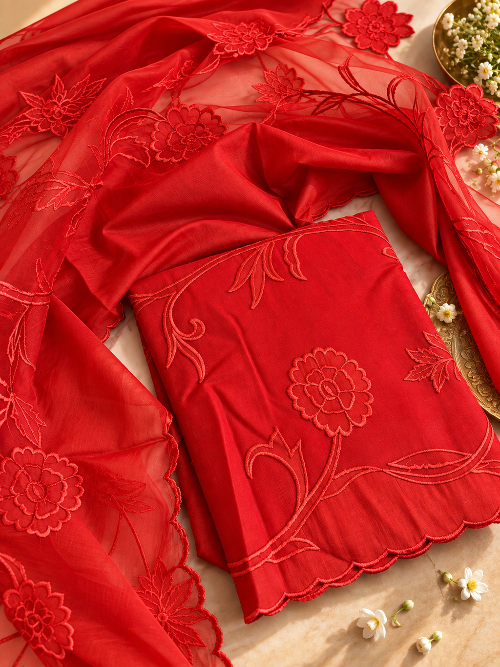 Red Mul Cotton Appliqué Work Unstitched Suit with Embroidered Dupatta