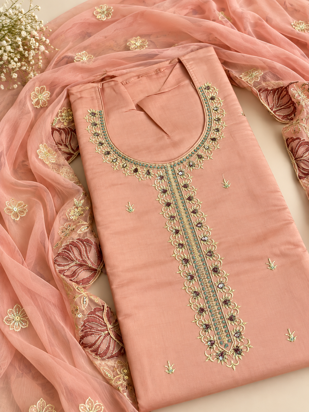 Peach Floral Embroidered Unstitched Suit Set