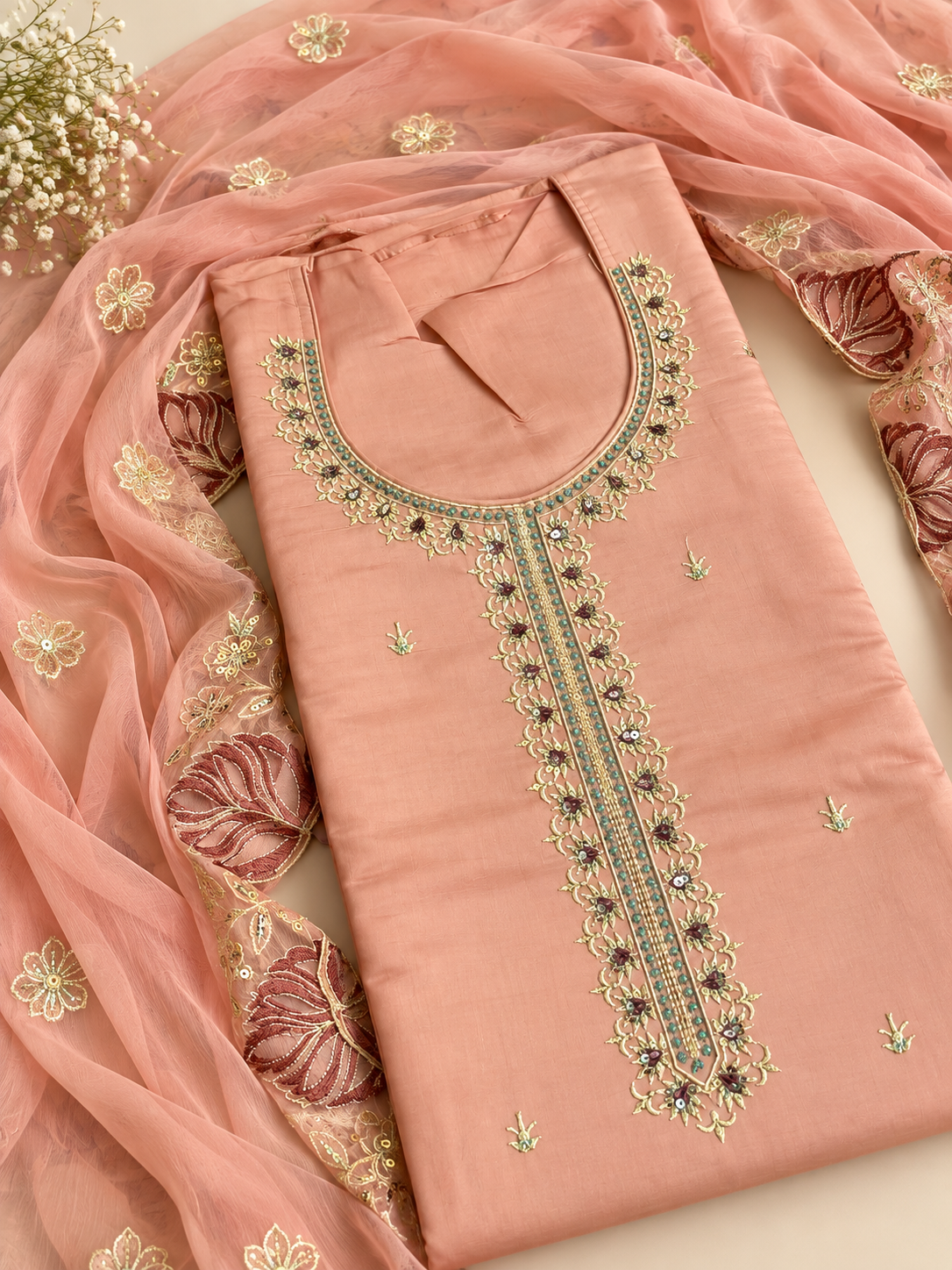 Peach Floral Embroidered Unstitched Suit Set