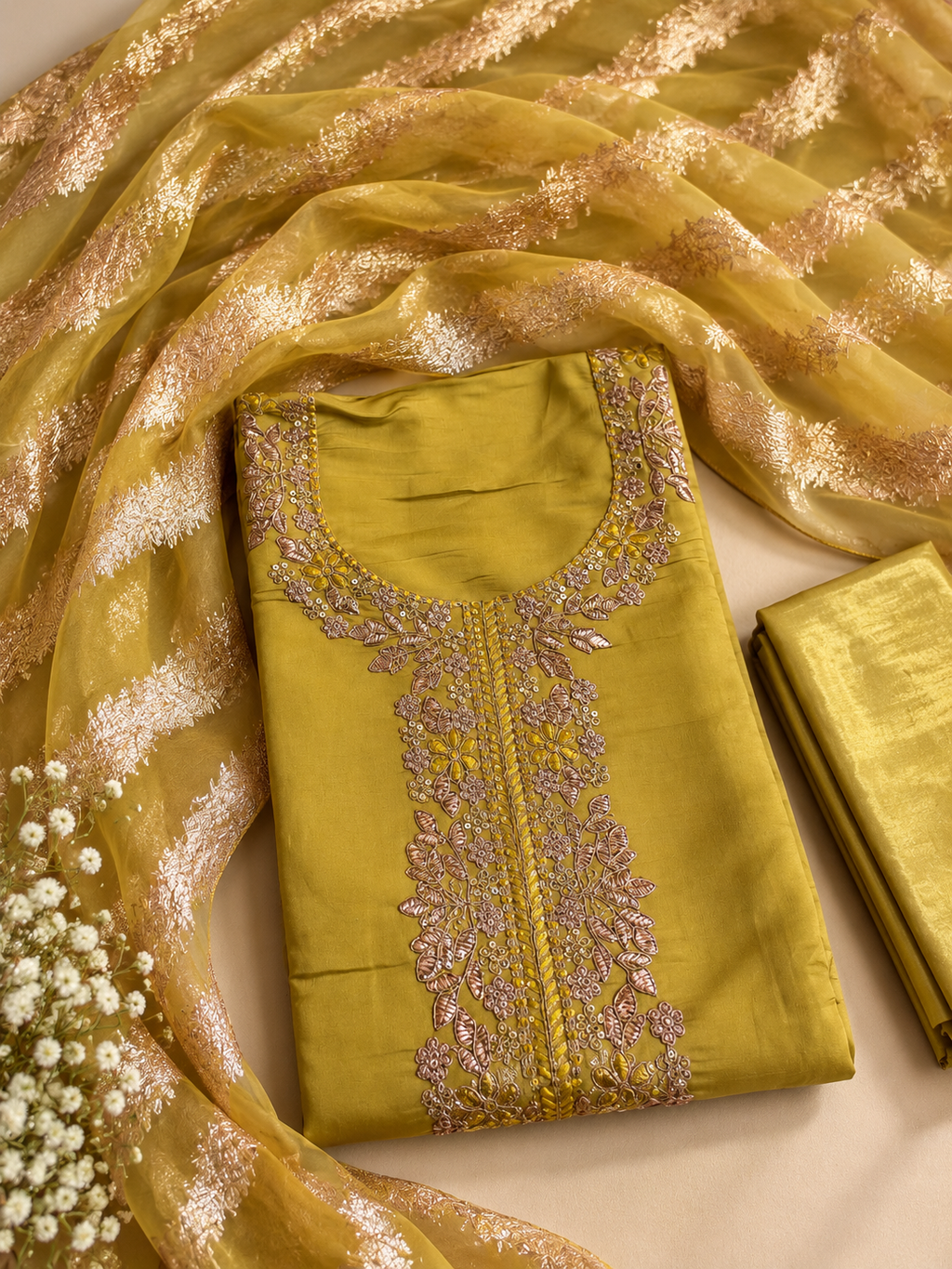 Yellow Embroidered Unstitched Suit Set