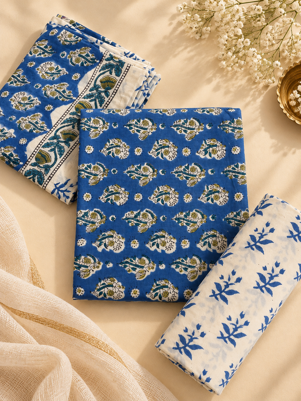 Royal Blue Hand Block Print Cotton Unstitched Suit Set – 3 Piece