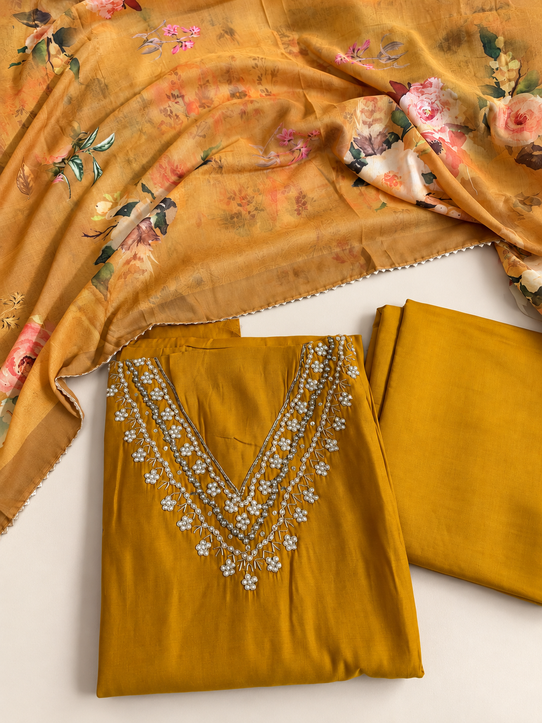 Mustard Yellow Unstitched Suit Set with Pearl Floral Embellished Neckline & Printed Dupatta