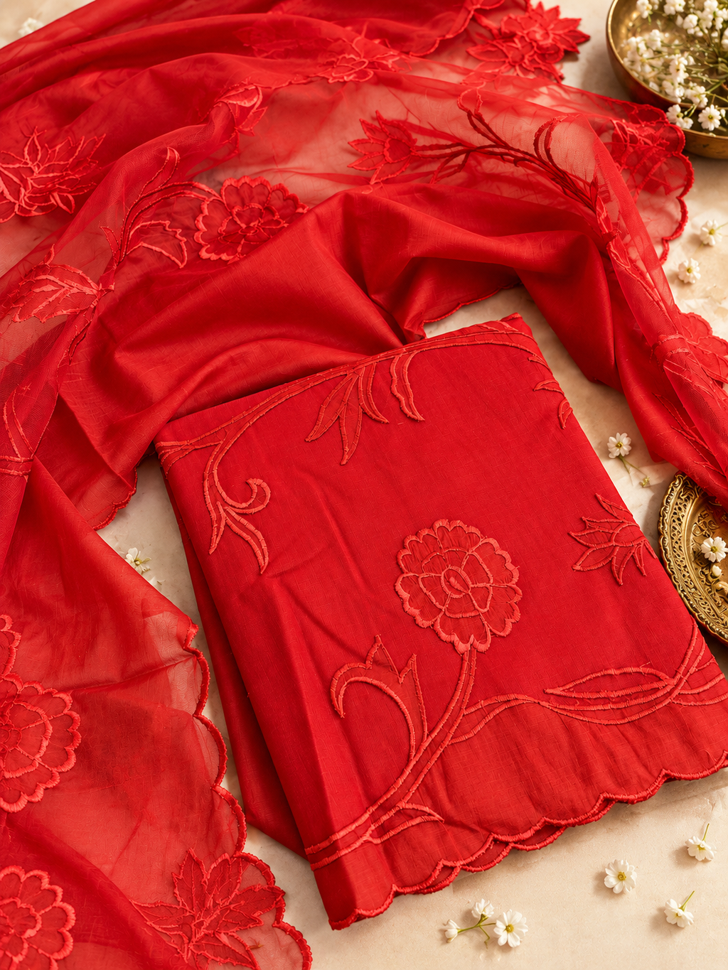 Red Mul Cotton Appliqué Work Unstitched Suit with Embroidered Dupatta